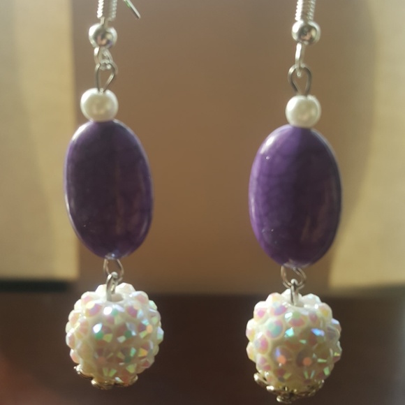 💜Purple Stone// White Disco ball💃// Earrings💎 - Picture 2 of 4